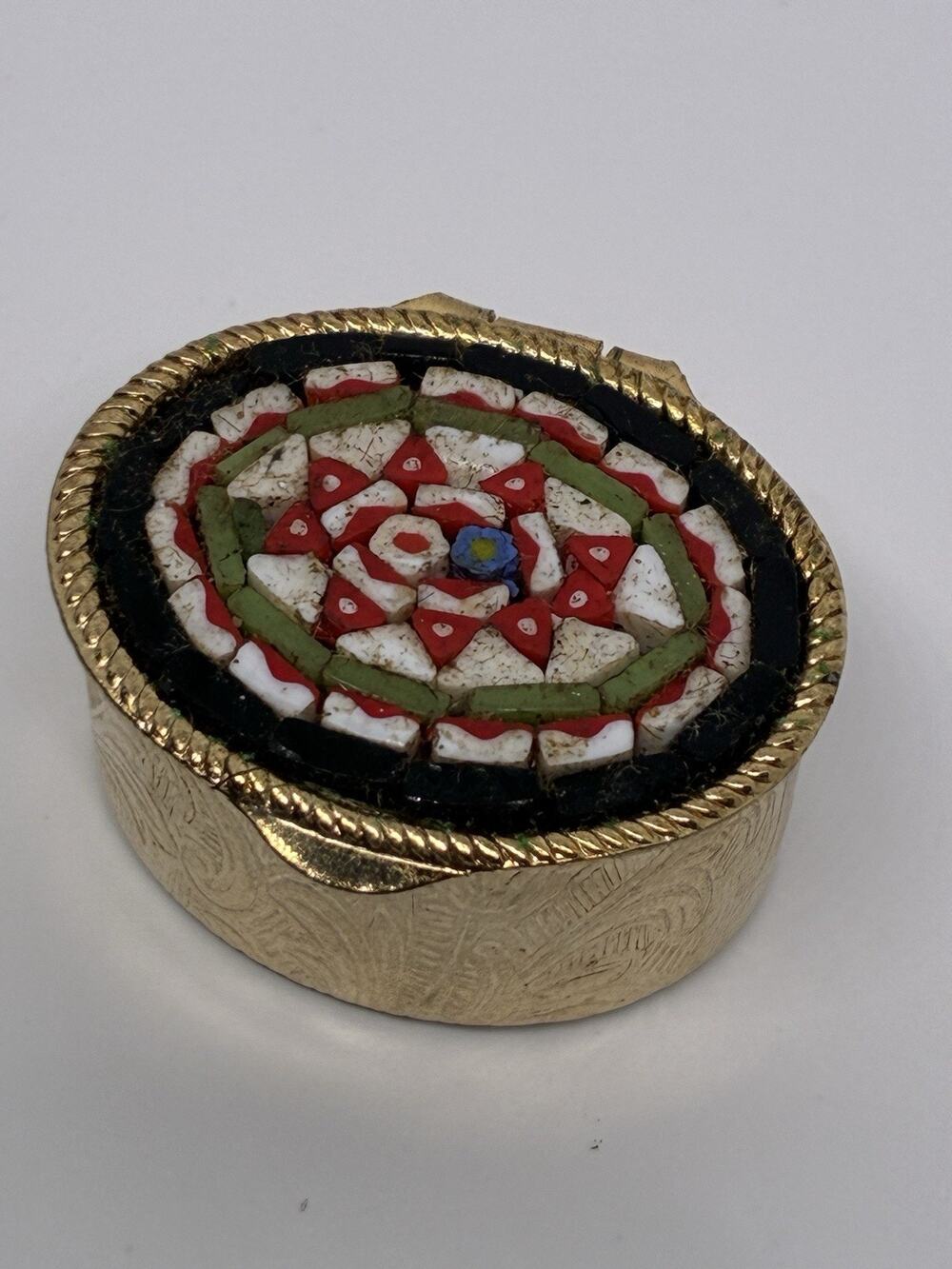 Vintage Italian Micro Mosaic Trinket Pill Box Floral Black And Red Mosaic